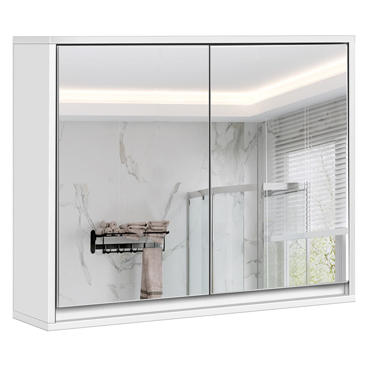 CostwayMeuble WC Armoire de Salle de Bain Mural avec Miroir HD 55 x 14 x 45 CM avec 2 Portes 2 Etagères Blanche