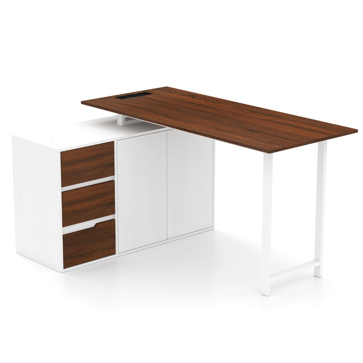CostwayBureau en Forme de L avec Armoire à Dossiers et Prise Électrique Table d'Angle Réversible de 138 cm avec 3 Tiroirs Station de Travail Brun