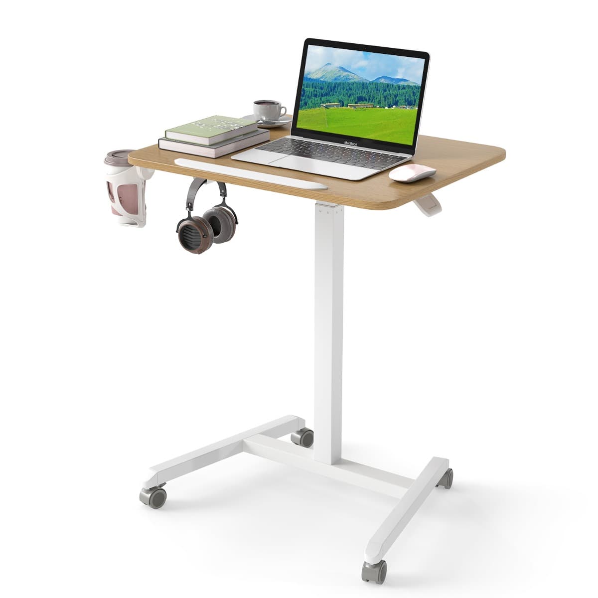 CostwayBureau Mobile Pliable Bureau à Roulettes avec Plateau Inclinable à 90° Bureau Réglable en Hauteur Poste de Travail Portable Naturel