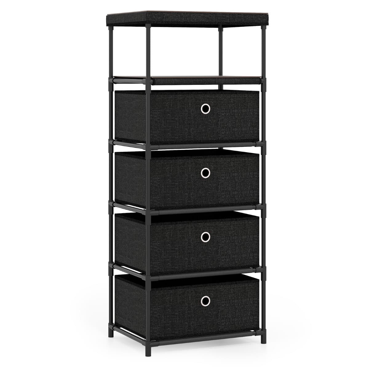 CostwayCommode 4 Tiroirs Tour de Rangement en Tissu avec Plateau en Bois et Structure En Métal Meuble de Rangement Industriel Noir