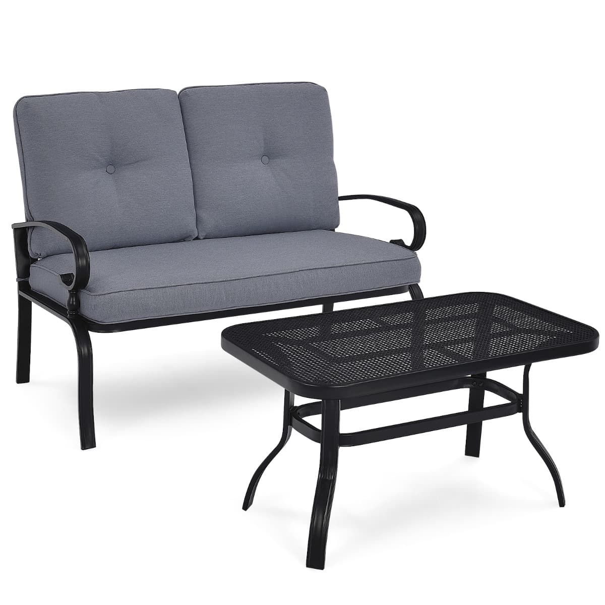 CostwaySalon de Jardin en Métal 2 Pièces avec Table Basse et Coussin en Éponge Ensemble de Canapés de Terrasse pour 2 Personnes