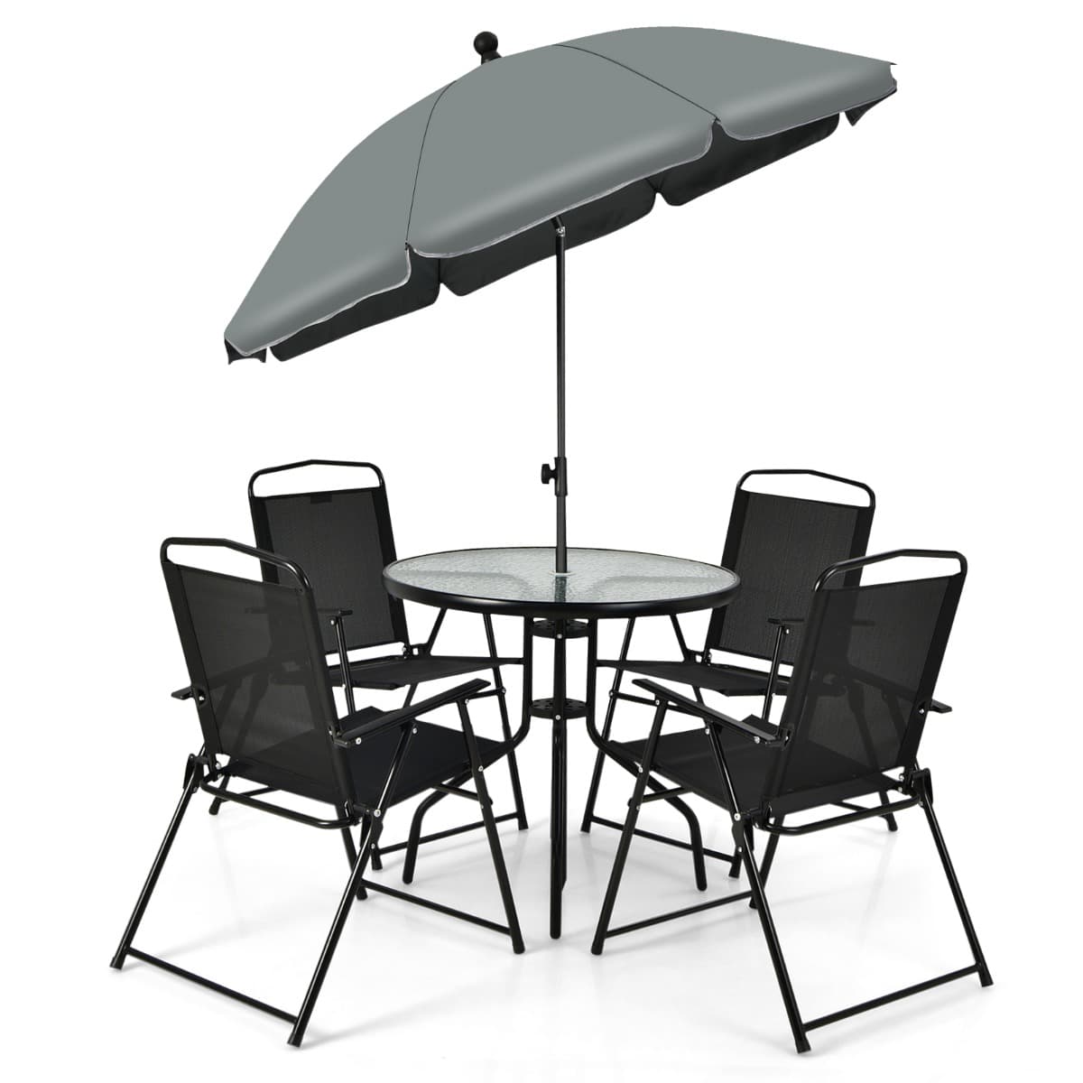 CostwayEnsemble Salon de Jardin 6 Pcs 4 Chaises Pliantes Table Basse en Verre et Parasol pour Terrasse Piscine Cour Noir