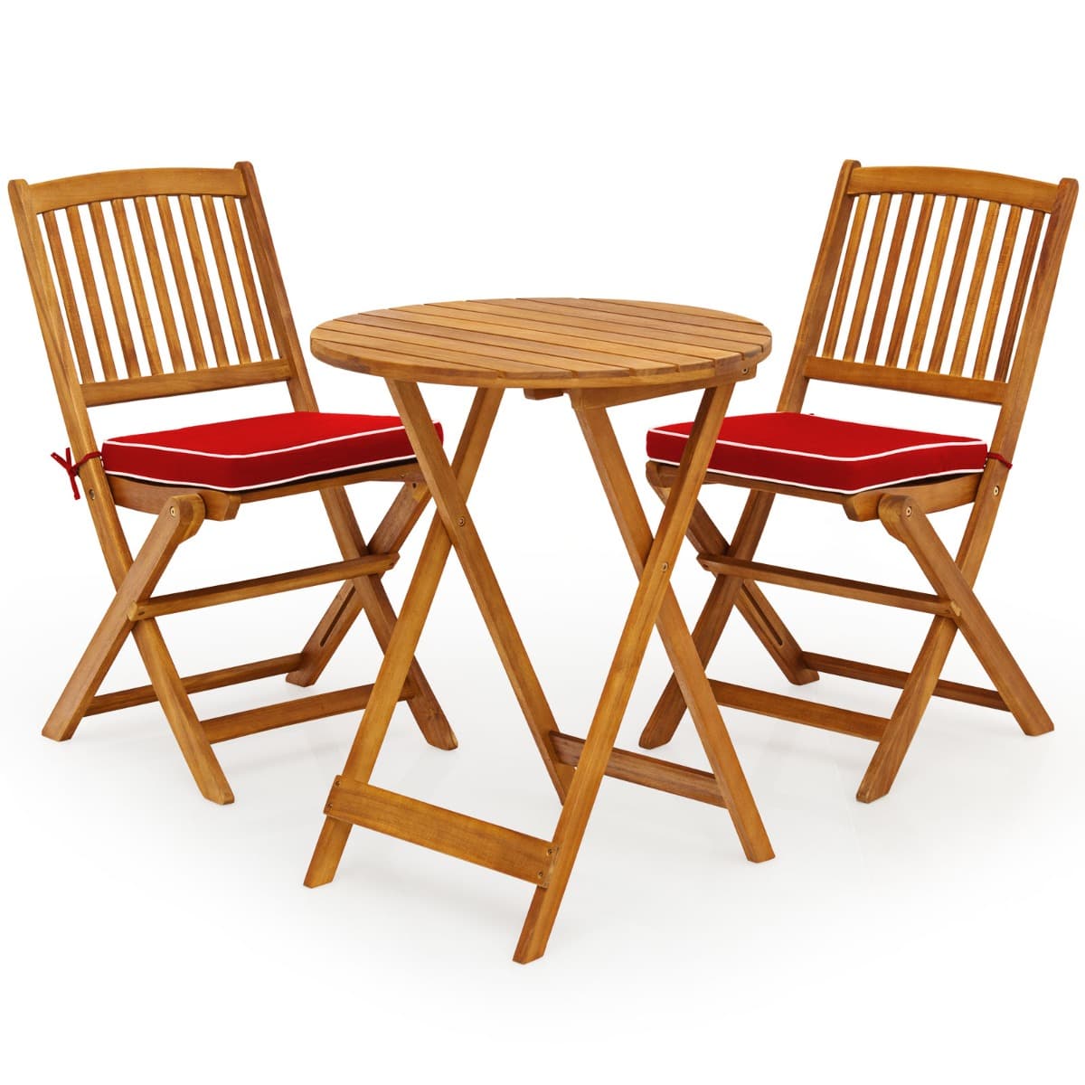 CostwayEnsemble de Table et Chaises Pliable avec 2 Chaises et 1 Table Ronde en Bois d’Acacia pour Intérieur et Extérieur Naturel+Rouge