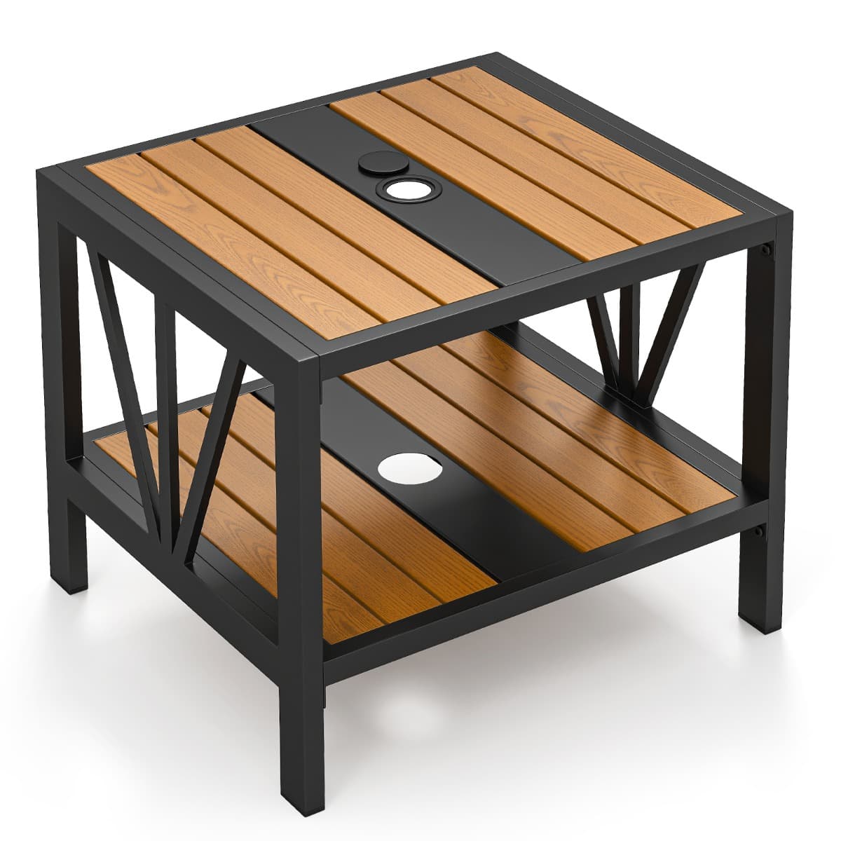 CostwayTable d’Appoint d’Extérieur avec Trou pour Parasol de 1,57” Table de Patio Métallique à 2 Niveaux avec Étagère de Rangement