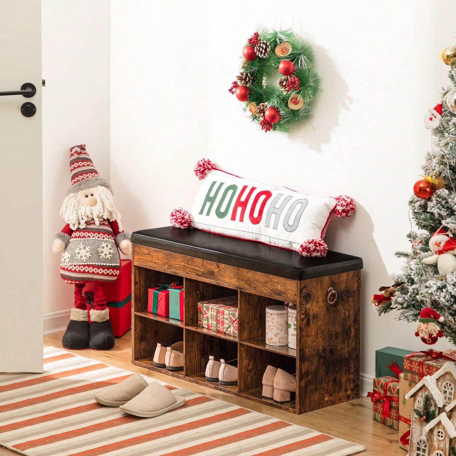 HOOBRO Banc de Rangement, Meuble Chaussure, Banc à Chaussures avec Siège Rembourré, 80 x 31 x 46 cm, Étagère à Chaussures, 6 Compartiments,