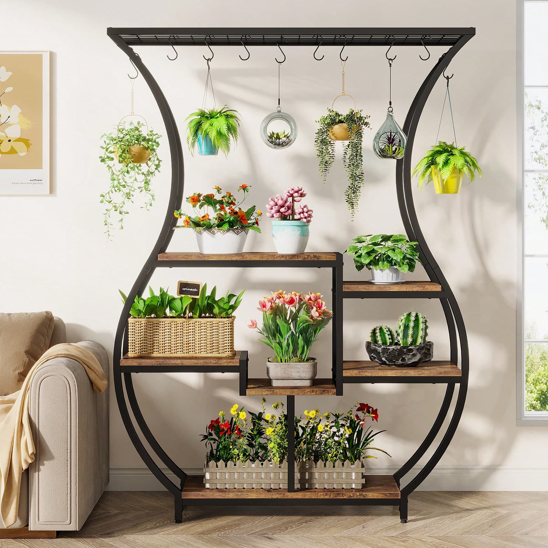 Tribesigns Support de plantes d'intérieur 6 étages pour 7 pots de fleurs, 180 cm, Étagère pour plantes en métal avec 10 crochets en S, étagère