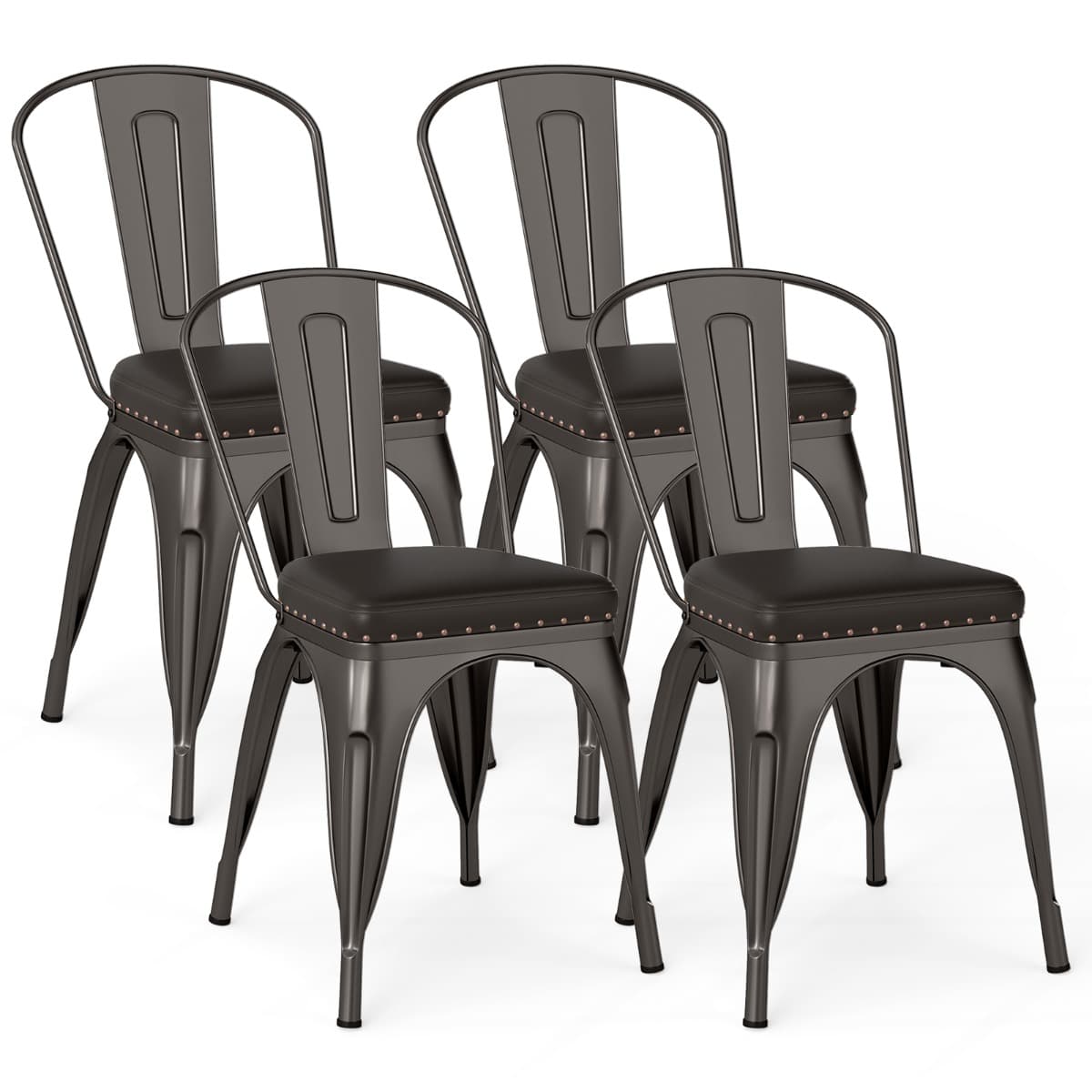 CostwaySet de 4 Chaises Empilables de Salle à Manger en Métal avec Dossier Amovible et Assise Rembourrée en Cuir Faux avec Capacité de 150kg Gris