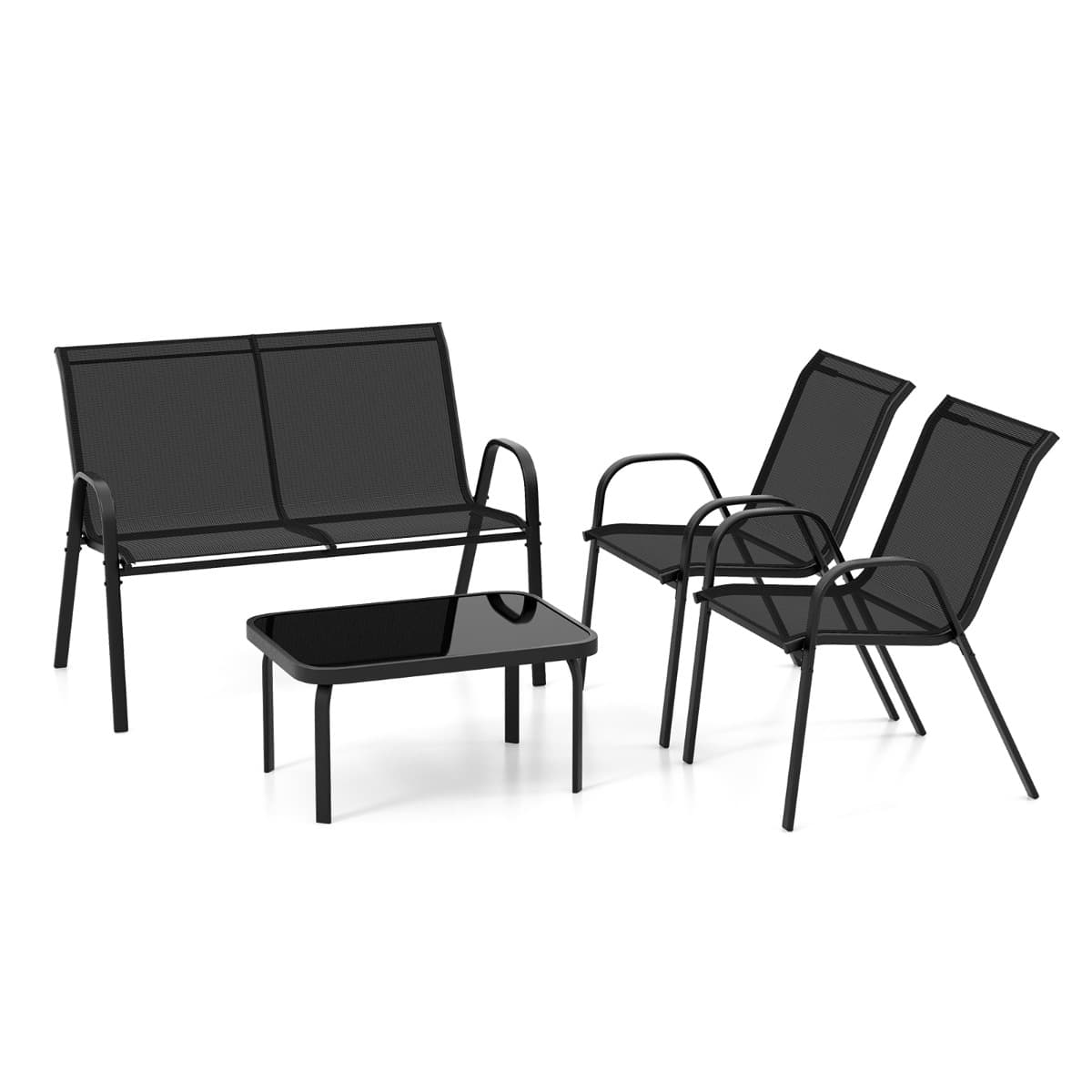 CostwayEnsemble Salon de Jardin 4 Pièces 2 Fauteuils 1 Canapé 1 Table Basse en Verre pour Terrasse Piscine Patio Balcon Gris