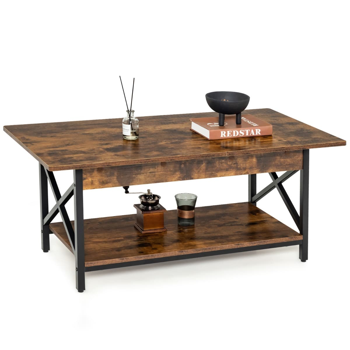 Table Basse 2 Niveaux avec Étagère Bois Cadre Métallique en Forme X Pieds Réglables Style Industriel
