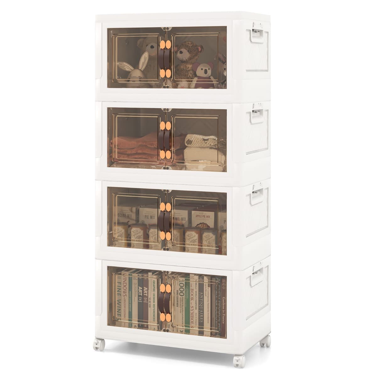 Armoire de Rangement à 4 Bacs Pliables et Empilables Roues Verrouillables Boîtes de Rangement Empila